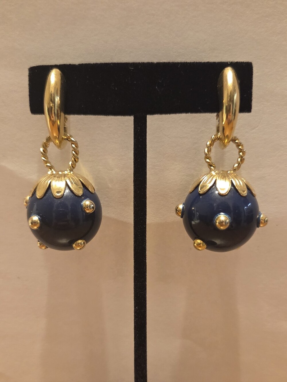 Vintage Gold-Tone Navy Ball Drop Clip-On Earrings